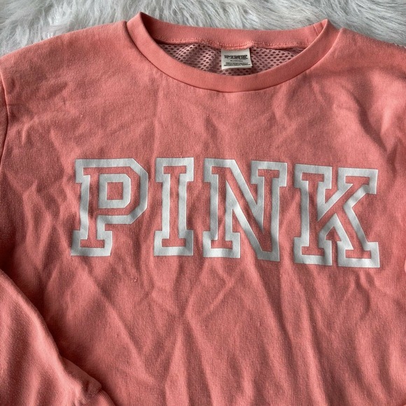 PINK Victoria’s Secret Sweatshirt Sz M Pink LS Crop Top Mesh Back Trendy Teens - Picture 3 of 10
